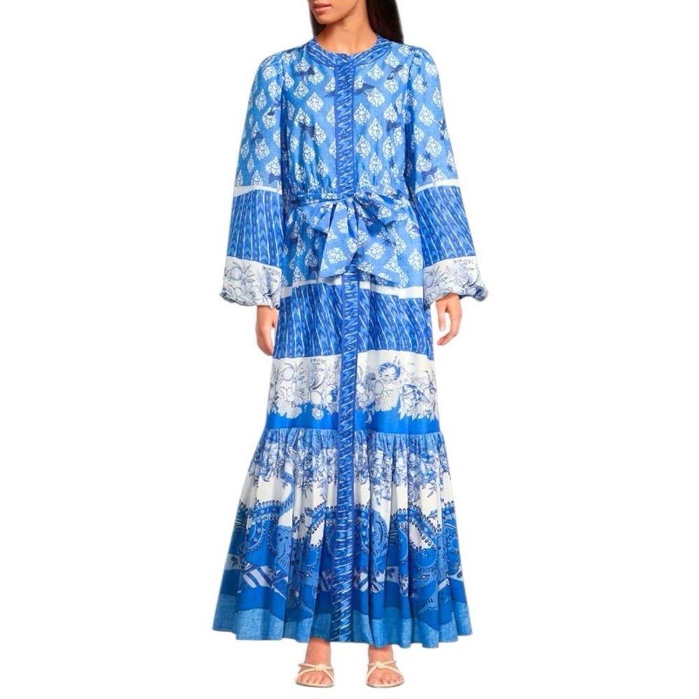 A Loves A Border Print Mandarin Collar Long Sleeve Button Front/Tie Maxi Dress